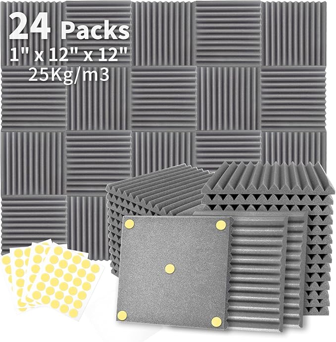 Focusound 24 Pack Grey Acoustic Foam Panels 1" x 12" x 12" Sound Proof Foam by Focusound