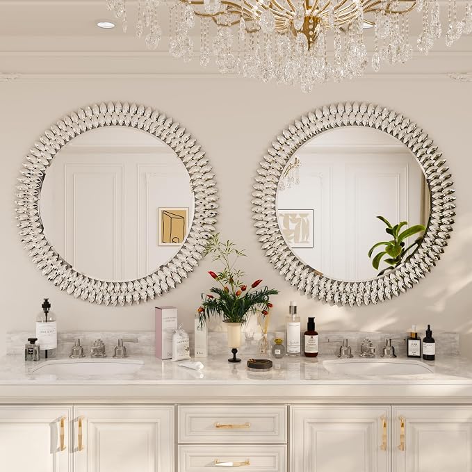 Kelly Miller 36" Large Round Jeweled Wall Mirror, Luxury Diamond Beveled - Image 4