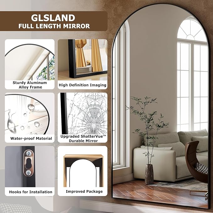 GLSLAND-30x71 inch Wall Mount Arched Full Length Mirror-Aluminum Alloy Frame - Image 4