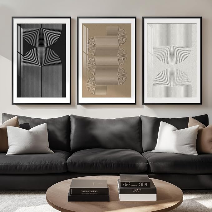 Large Framed Boho Neutral Abstract Wall Art, 3 Piece Modern Art Prints by Cuspin