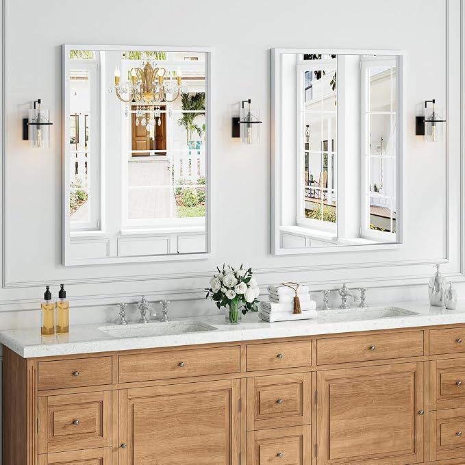 Syndra White Wood Frame Bathroom Mirror, Waterproof Slim Deep Frame, - Image 2
