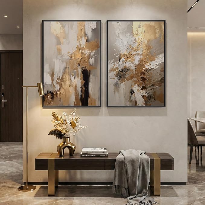 Large Framed Neutral Abstract Wall Art, 2 Piece Modern Canvas Prints Paintings - Image 2