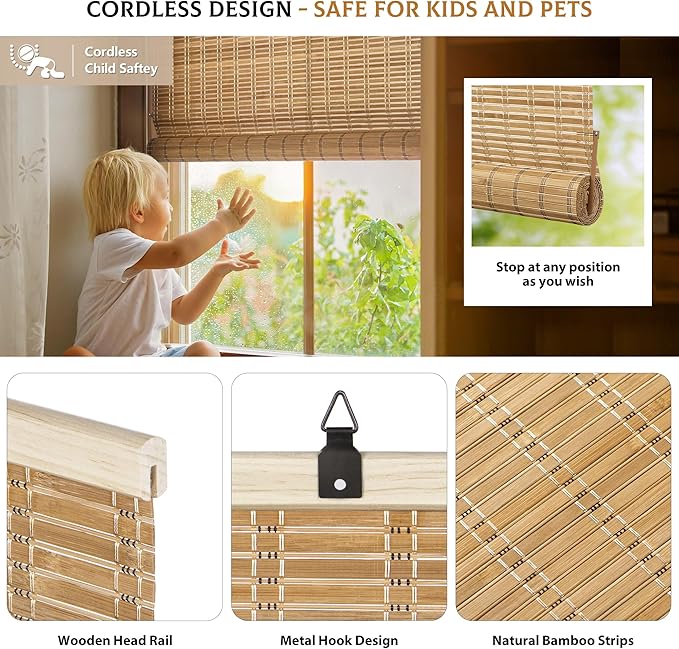 LazBlinds Cordless Bamboo Blinds, Roll Up Shades - Image 2