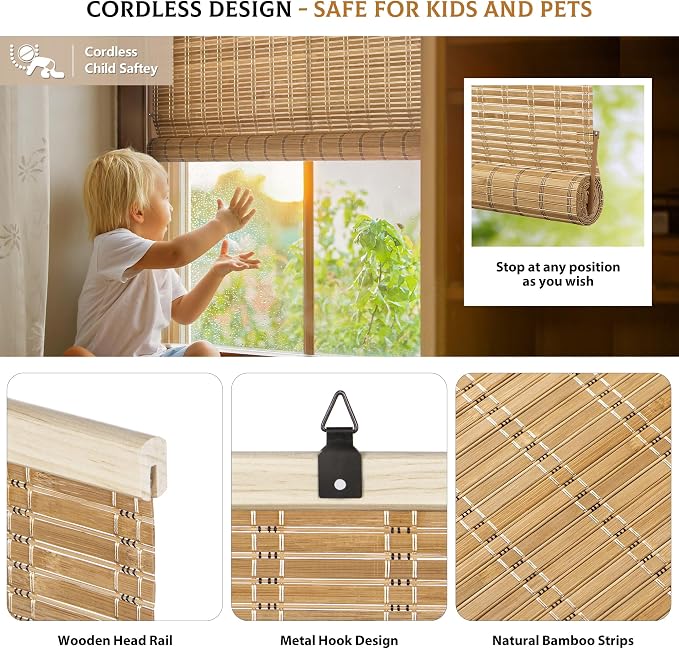 LazBlinds Cordless Bamboo Blinds, Roll Up Shades - Image 2