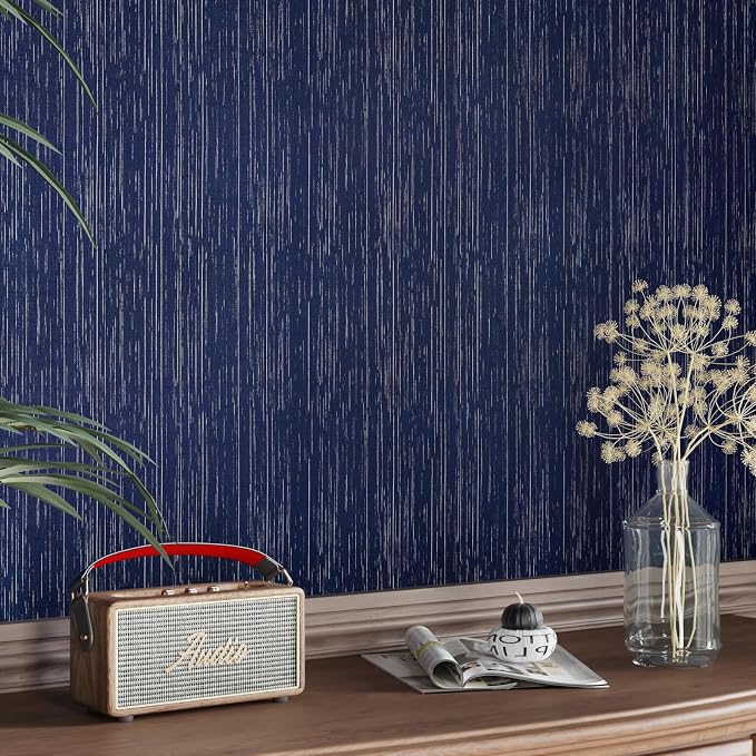 CRE8TIVE Dark Blue Grasscloth Peel and Stick Wallpaper Textured Blue Contact - Image 6