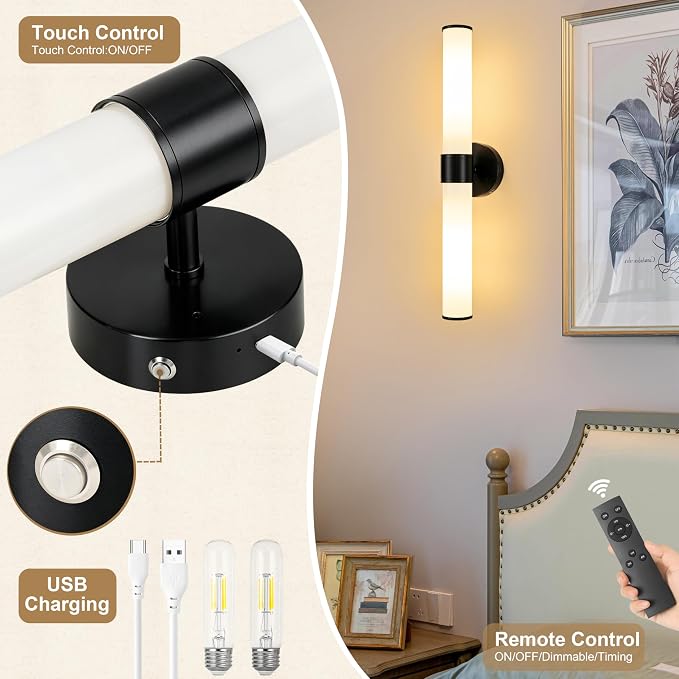 Morauroral Black Battery Operated Wall Sconces Set of 2, Rechargeable Wall - Image 7