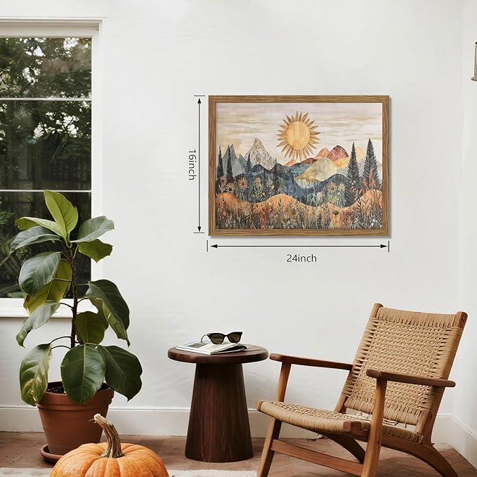 Framed Boho Sun Canvas Wall Art, Modern Abstract Mountain Landscape Painting - Image 3