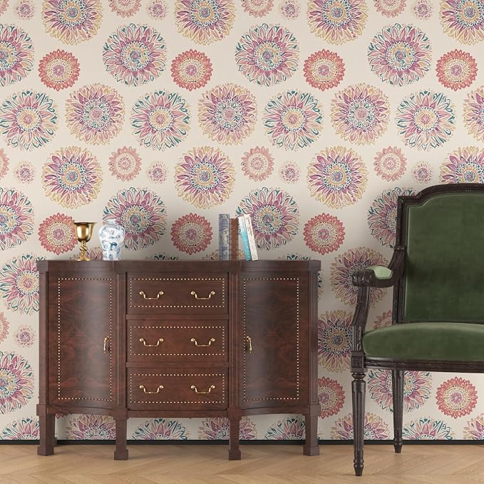 Beige Boho Wallpaper Peel and Stick, Vintage Circle Floral Contact Paper 17.5" - Image 4