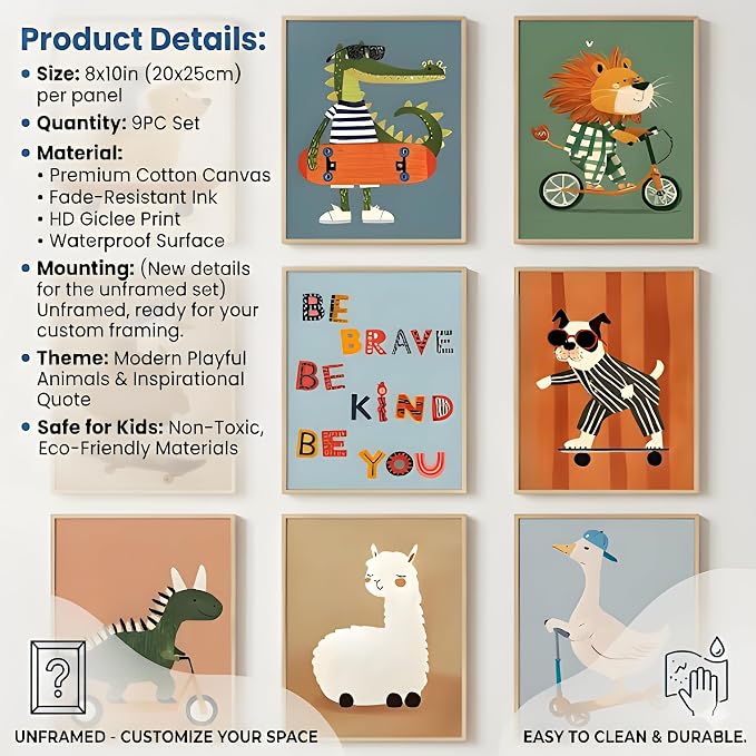 tgguytiy Kids Room Wall Art Set of 9 Cute Cartoon Animal Canvas Prints Nursery - Image 3