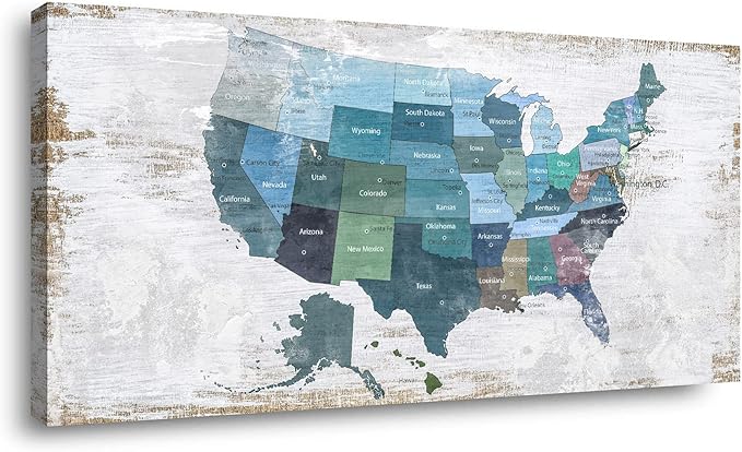 Map of The United States Wall Decor Map Canvas Wall Art by ZEYDRT