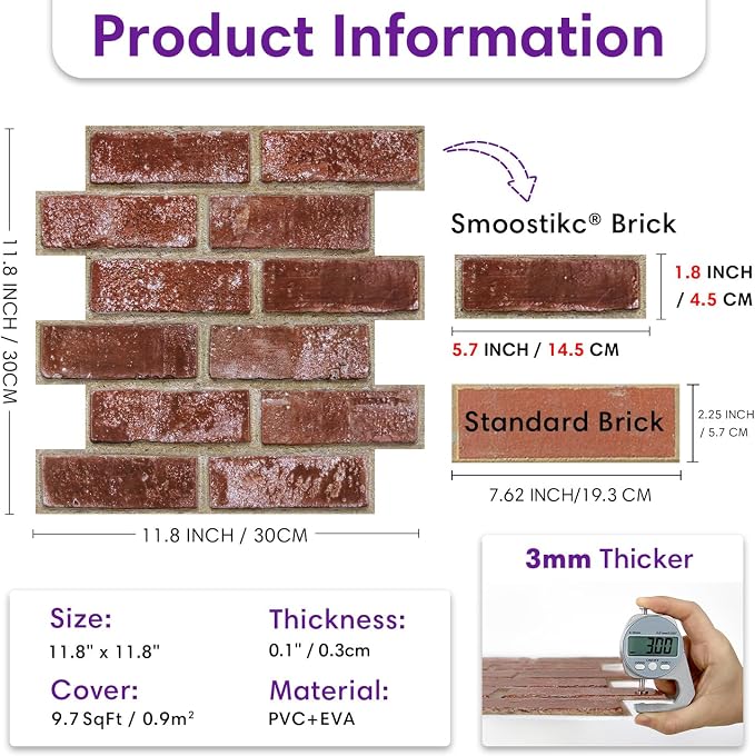 3D Peel and Stick Faux Brick Wall Panels 11.8" x 11.8" 10-Pack, Small - Image 3
