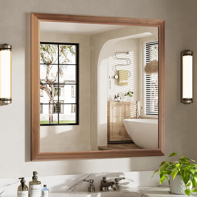36x36 Inch Bathroom Mirror for Wall, Anti-Rust Walnut Wood Grain Metal Framed by Briivuemodernmirrors
