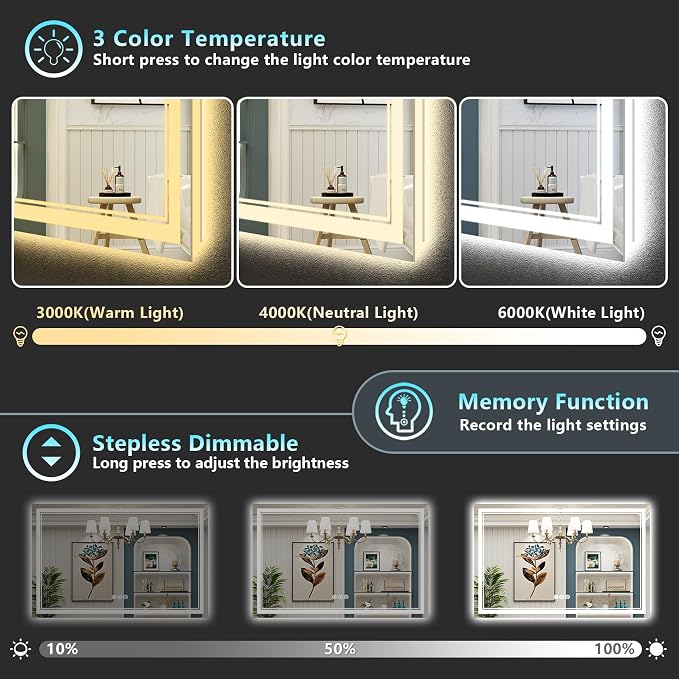 50x36 LED Bathroom Mirror with Lights, Backlit and Front Lit Anti-Fog Lighted - Image 4