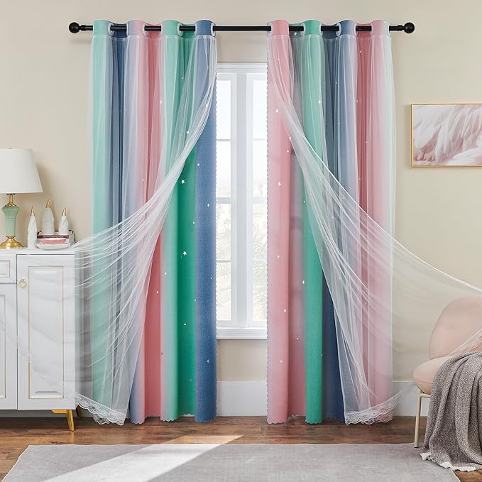 XiDi Pink Green Grey Kids Room Curtains, 1 Panel by Addsomecolortolife