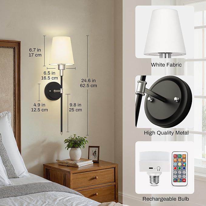 DORESshop Battery Operated Wall Sconce Set of 2, Wireless Wall Light Easy to - Image 7