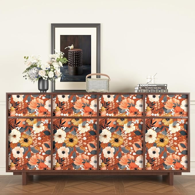BOKEBEVE Orange Wallpaper Peel and Stick Retro Floral Contact Paper Self - Image 5