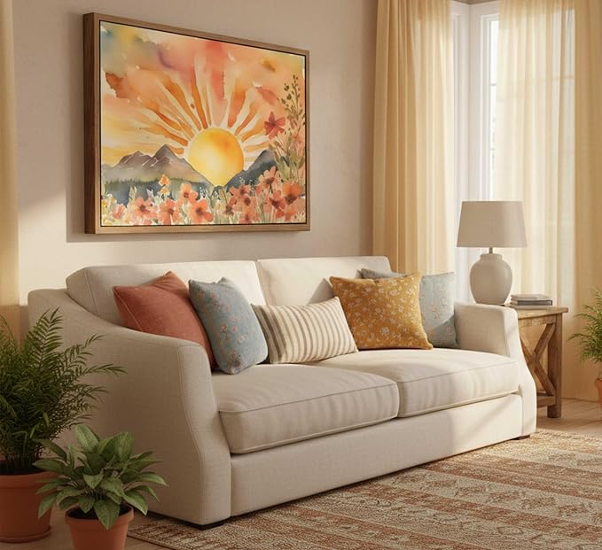 Framed Boho Sun Canvas Wall art Mid-Century Modern Abstract Bohemian Sunset in - Image 5