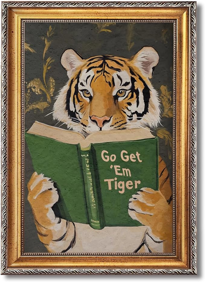 Vintage Gold Framed Wall Art Go Get Em Tiger Poster Funny Animal Reading Book - Image 8