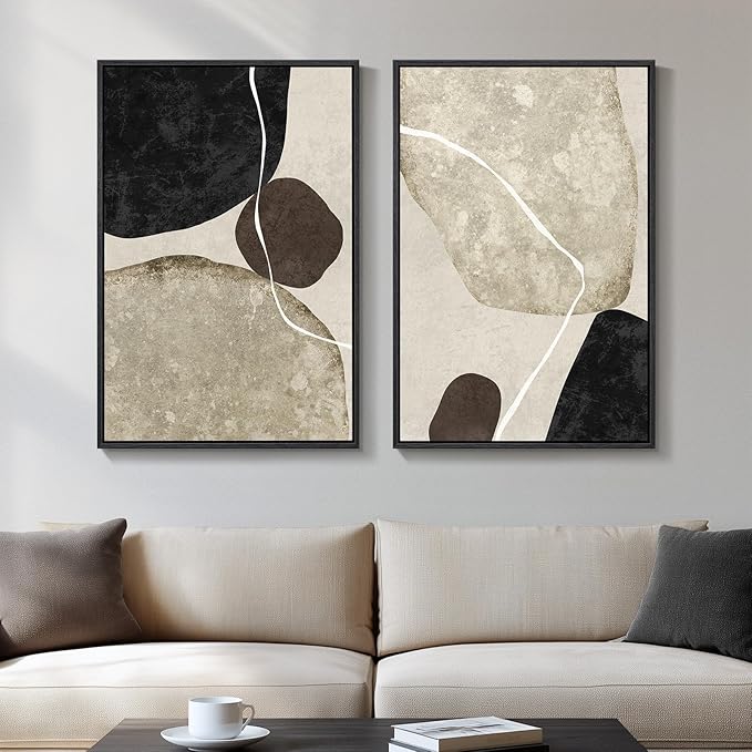 Framed Neutral Abstract Wall Art Set of 2, Modern Black Beige Brown Canvas by Cuspin