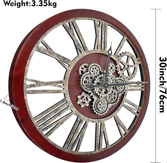 The B-Style Large Real Moving Gears Wall Clock 30 Inch Rustic Retro Industrial - Image 4