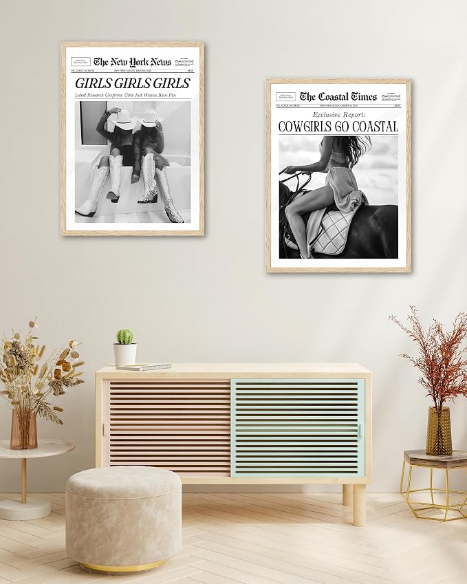 iHery Cowgirls Go Coastal Small Framed NewsPaper Canvas Wall Art, Natural OAK - Image 6