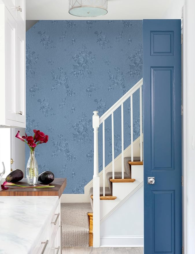 Erfoni 197"x17.7" Grey Blue Peel and Stick Wallpaper Thicken Floral Embossed - Image 3