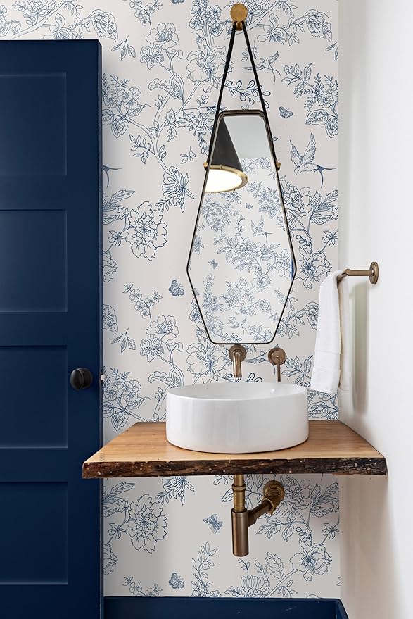 Froluya Cream White and Blue Floral Wallpaper Peel and Stick Wallpaper - Image 2