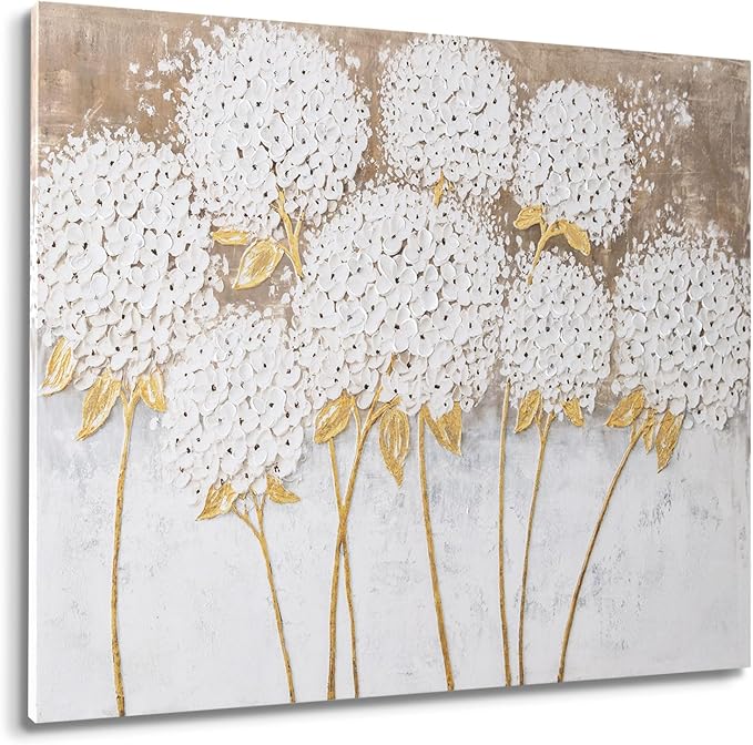 JolyWell White Hydrangea Flower Wall Art, hand-painted Large Canvas Wall Art by JolyWell