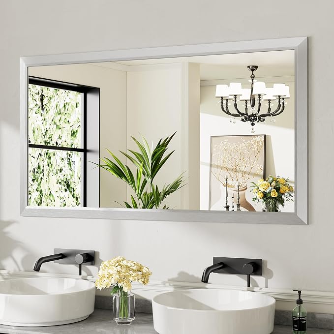 55x30 Inch Brushed Silver Bathroom Mirror by Briivuemodernmirrors