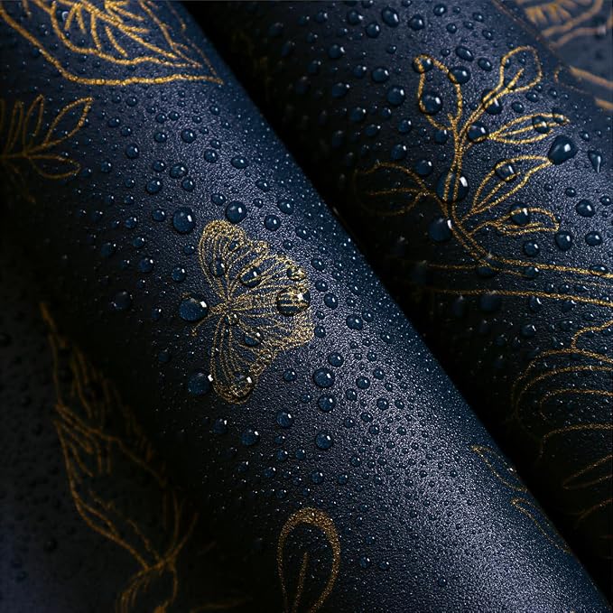 Froluya Dark Blue and Gold Vintage Floral Peel and Stick Wallpaper 17.7"x196.8" - Image 4