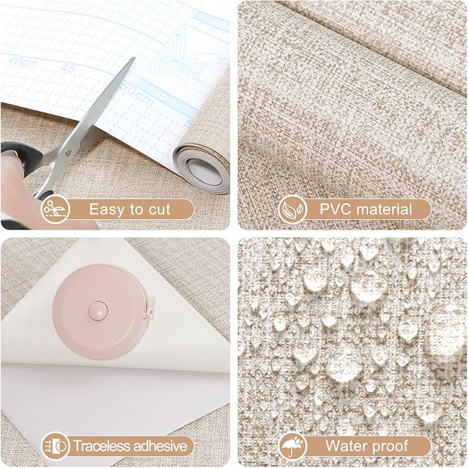 Amiya Grasscloth Khaki Wallpaper 17.3"x80" Peel and Stick Tan Faux Fabric Linen - Image 2
