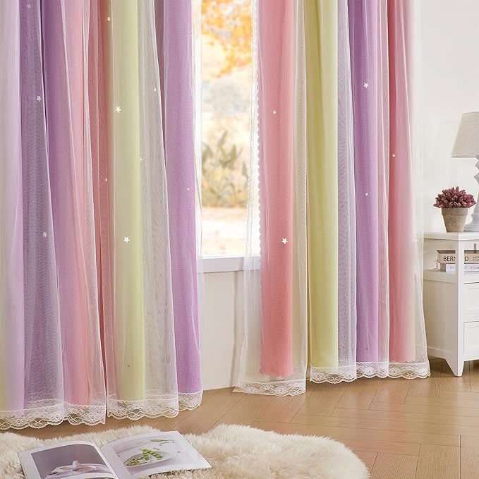 XiDi Curtains for Bedroom Decor, Rainbow Pink PurpleYellow34/45/1 - Image 4