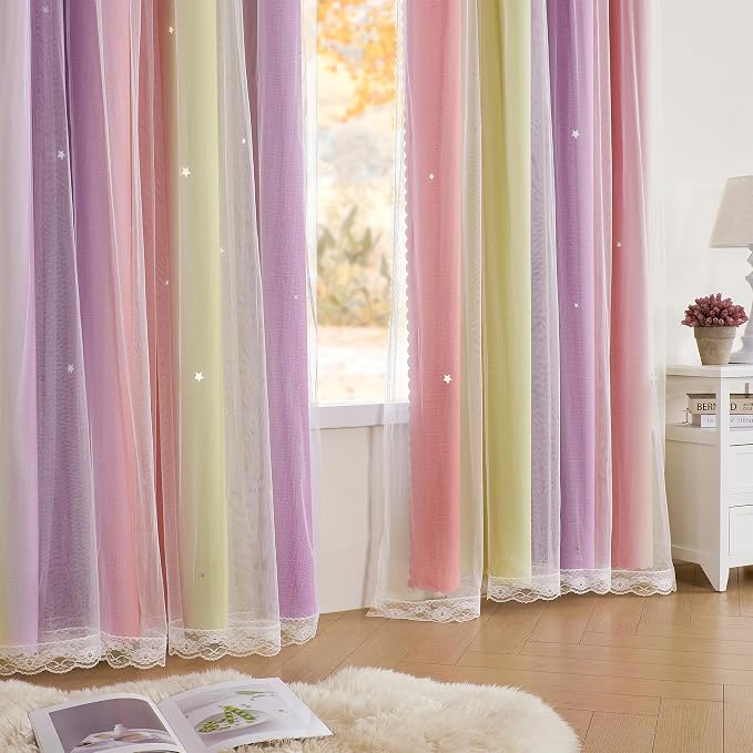 XiDi Curtains for Bedroom Decor, Rainbow Pink PurpleYellow52/45/1 - Image 3