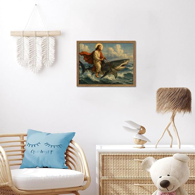 Framed Jesus Riding a Shark Wall Art, Humorous Christian Canvas Print, Fun - Image 6