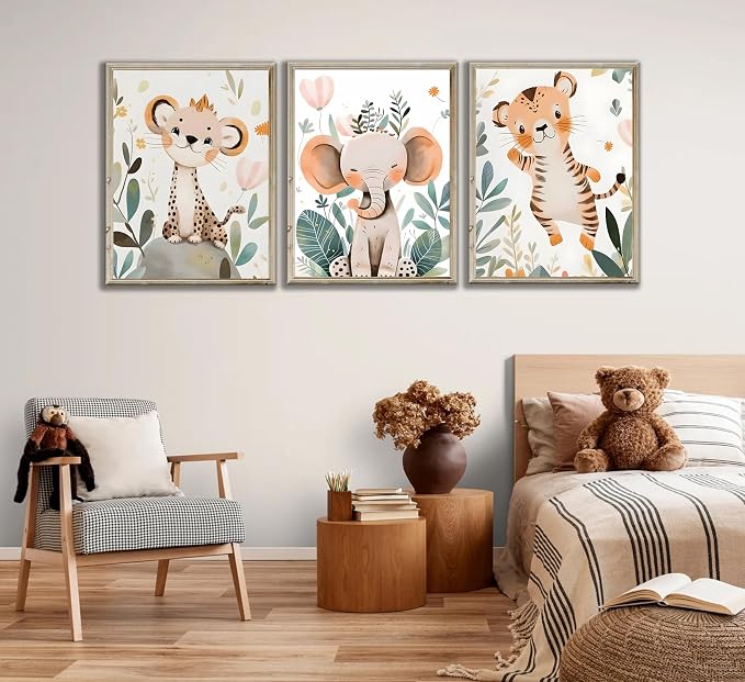 3 Pcs Safari Animals Nursery Canvas Wall Art Jungle Animals Cheetah Elephant - Image 2