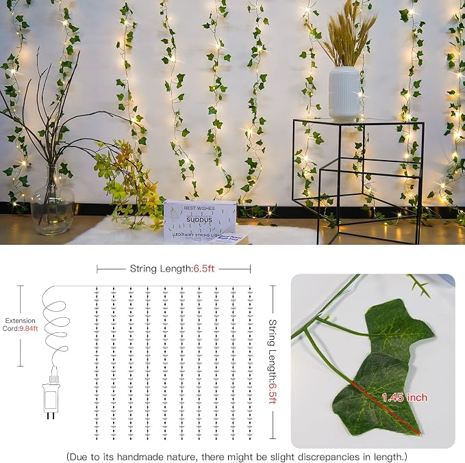 suddus 200 LED Vine with Light Plug in, 6.5ft x 6.5ft Ivy Fairy Curtain Lights - Image 6