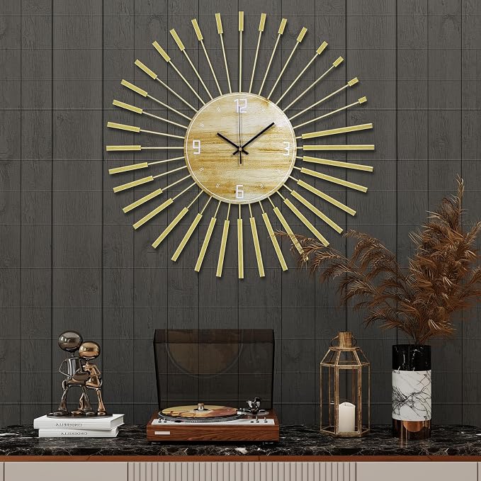 23.6 inch Gold Starburst Wall Clock, Metal & Wood Mid Century Modern Decorative by Wecreatemoderndesign