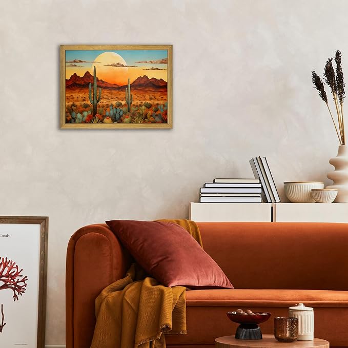 Framed Western Desert Sunset Cactus Wall Art, Vintage Southwest Nature - Image 2