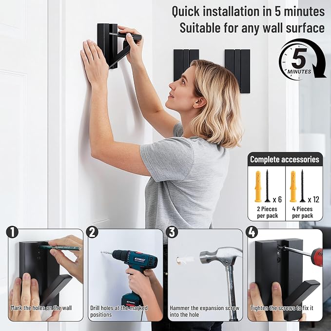 Folding Wall Hooks 4Pack: Black Modern Wooden Coat Hooks Mount - Image 6