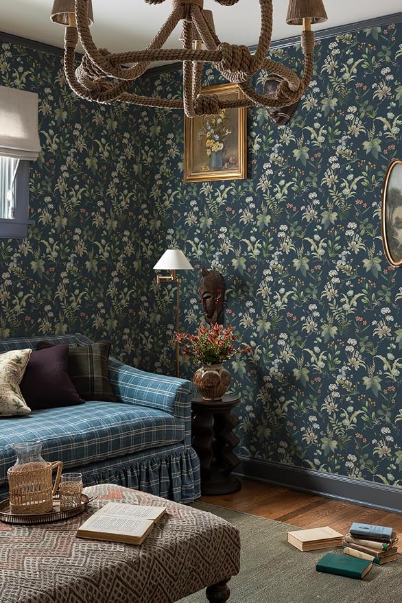 Simon&Siff Vintage Peel and Stick Wallpaper Blue Floral Wallpaper Wildflowers - Image 2