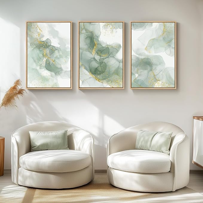 Large Framed Sage Green Abstract Wall Art, 3 Piece Modern Canvas Prints - Image 2