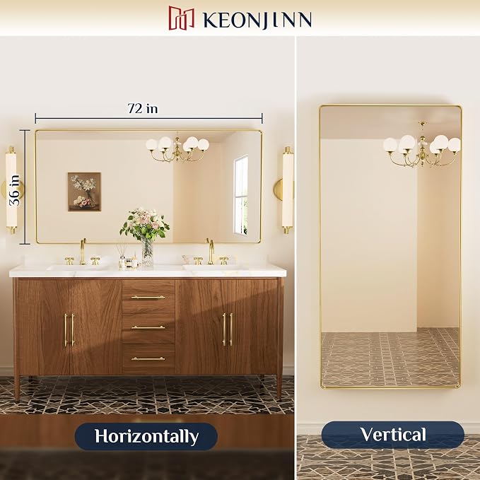 Keonjinn Brushed Gold Bathroom Mirror 72” x 36” Large Gold Bathroom Vanity - Image 7