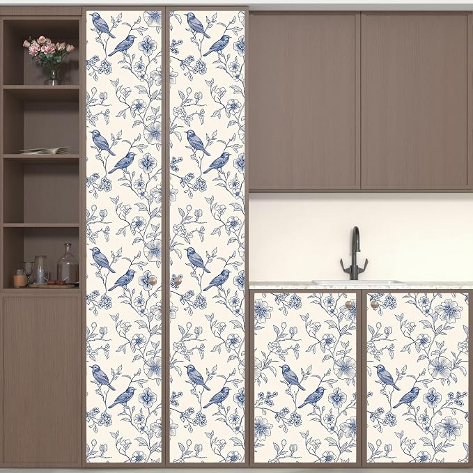 Beige Wallpaper Peel and Stick Blue Floral Bird Vintage Contact Paper 17.5" x - Image 5