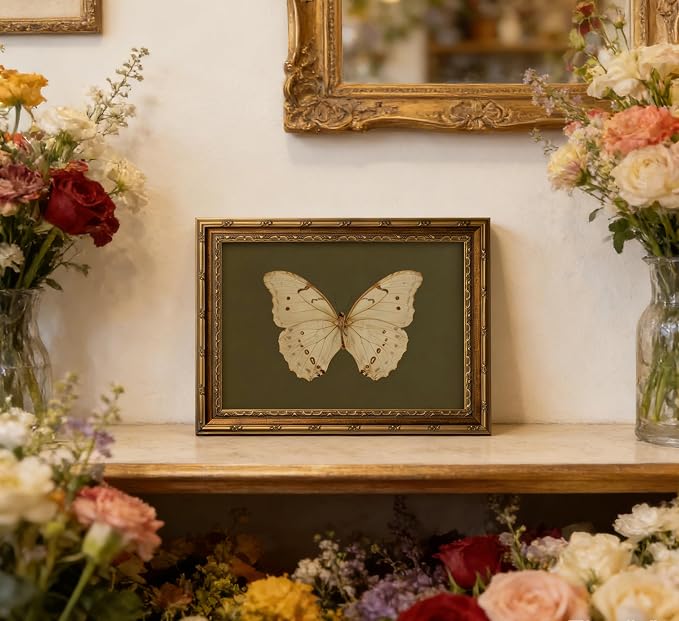 Vintage Gold Framed Wall Art Retro White Butterfly Canvas Print Dark Green - Image 2