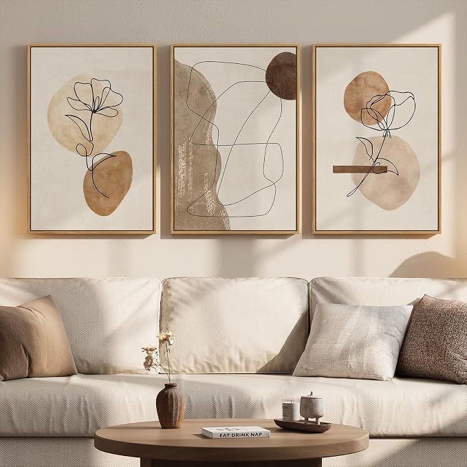 Framed Neutral Abstract Boho Wall Art Bedroom, 3 Piece Brown Black Botanical by Cuspin