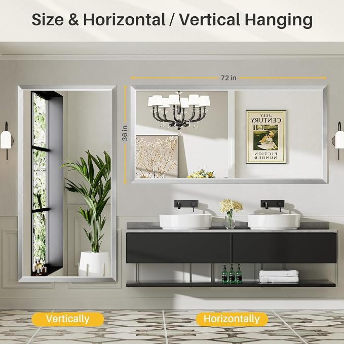 72x36 Inch Brushed Silver Bathroom Mirror - Image 5