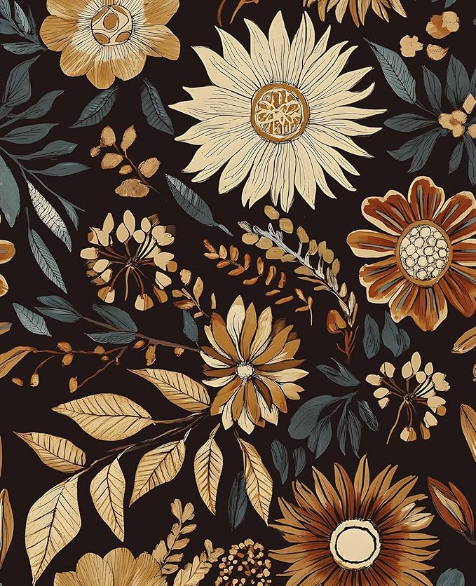 Extra Long Vintage Wallpaper Peel and Stick, 17.5" x 393" Boho Dark Floral by VOLEAARWALLPAPER