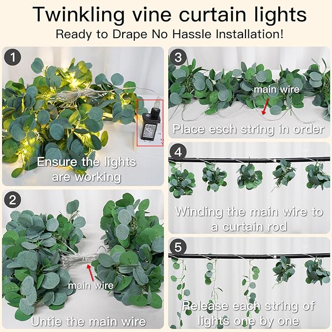 suddus 200 LED Vine with Light Plug in, 6.5ft x 6.5ft Eucalyptus Fairy Curtain - Image 7