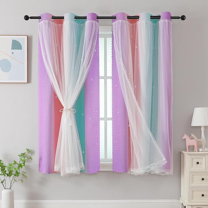 XiDi Curtains for Bedroom Decor, Rainbows Pink Purple Green 42/45/1 by Addsomecolortolife
