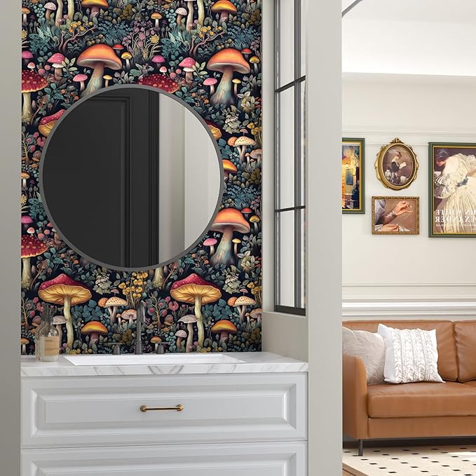 BOKEBEVE Black Colorful Mushroom Contact Paper Floral Wallpaper Peel and Stick - Image 3